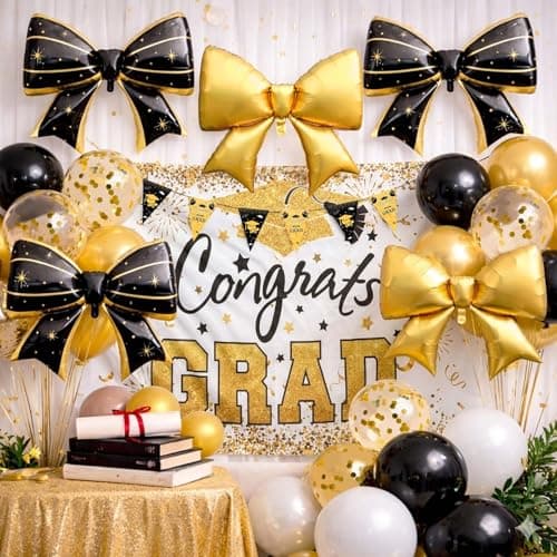 38Pcs Graduation Decorations 2026 Set - Congrats Grad Banner, Graduation Balloons, Backdrop, 6 Gaint Bow Foil Balloons Class of 2026 Decorations Party Supplies for High School & College (Black&Gold) - Image 1