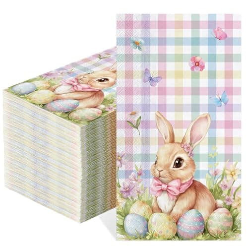 NatNarr 60 pcs Easter Paper Napkins, 2-Ply Pastel Plaid Cute Bunny Guest Napkins Disposable Hand Towels for Bathroom Easter Egg Rabbit Dinner Napkin for Spring, Holiday, Baby Shower - Image 1
