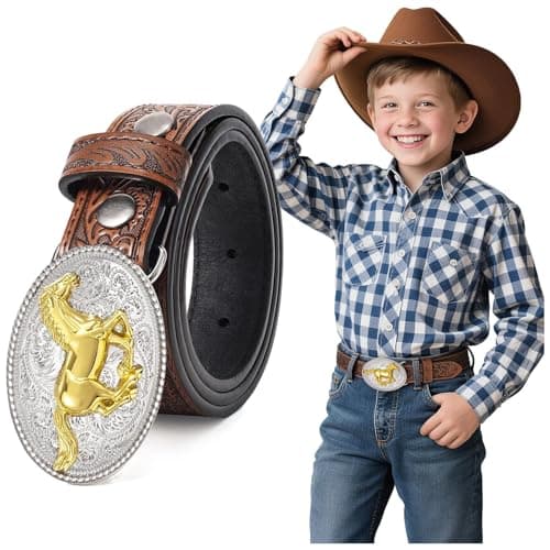 Kids Western Belt for Boys Girls Embossed Cowboy Cowgirl Genuine Leather Kid Western Buckle Belts for Jeans Gifts - Image 1