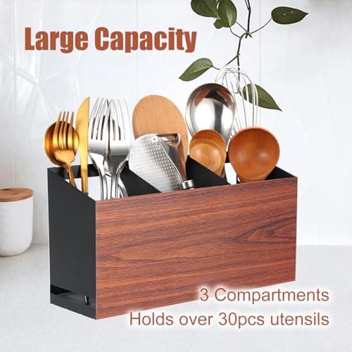 UPODA Utensil Holder Large Iron Flatware Container with 3 Compartments Countertop Wall-mounted Kitchen Utensil Storage (Black) - Thumbnail 4