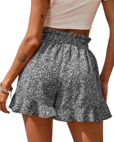 BTFBM Shorts for Women Spring Summer 2026 Beach Vacation Clothes Boho Floral Belted Casual Ruffle Short Pants Pocket Outfits(Floral Black, Small) - Thumbnail 2