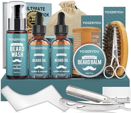 Beard Kit,Beard Grooming Kit for Men W/Straight Razor,2 PACK Beard Oil, Wash, Balm, Brush, Comb, Scissors Mens Birthday Christmas Gifts for Men Boyfriend Husband Beard Trimming Shaving Kit - Image 1