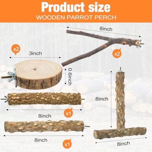 Bird Perch Stand, Pole Standing Natural Wood Bird Perch Set 7PCS Paw Grinding Fork Parrot Cage Branch with Rope Cage Accessories Toys for Parakeets, Cockatiels, Conure, Budgies (Brown 1) - Thumbnail 2