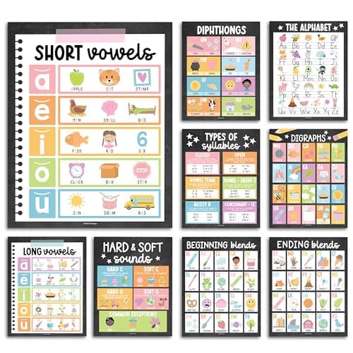 Hadley Designs Phonics Posters For Classroom -9 Sound Wall Classroom Phonics For Kindergarten & Elementary, Syllable Types, Long and Short Vowel Sounds, Digraphs & Blends,Chalkboard Bulletin Board Set