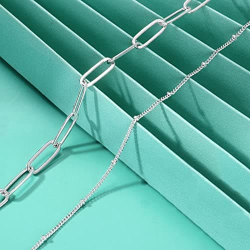 Turandoss Silver Bracelets for Women, 14K Gold Plated Layering Oval Chain Silver Bracelet Cute Silver Layered Beads Chain Silver Bracelets for Women - Thumbnail 6