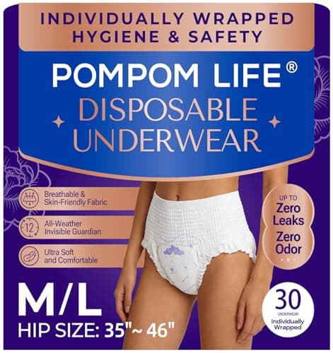 POMPOM LIFE Individually Wrapped Disposable Incontinence Underwear for Women | Maximum Absorbency Adult Diapers | Soft & Breathable Briefs, Disposable Postpartum Underwear for Women Travel - Image 1