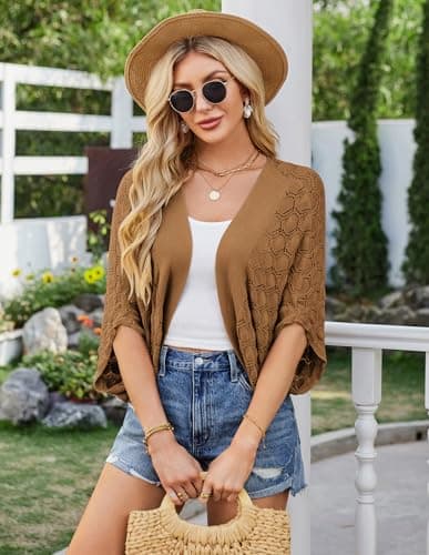 Womens Batwing Crochet Open Front Oversized Bolero Shrug Cardigan Coffee XL - Thumbnail 3