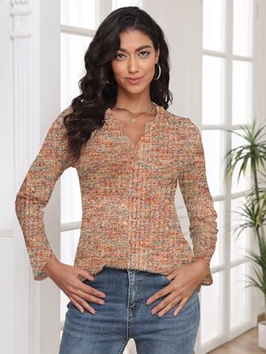 COCOMARTS Womens Waffle Knit V Neck Tops Long Sleeve Henley Shirts Casual Blouses Fall Winter Outfits 2025 Trendy Clothes Golden Apricot Large - Thumbnail 3