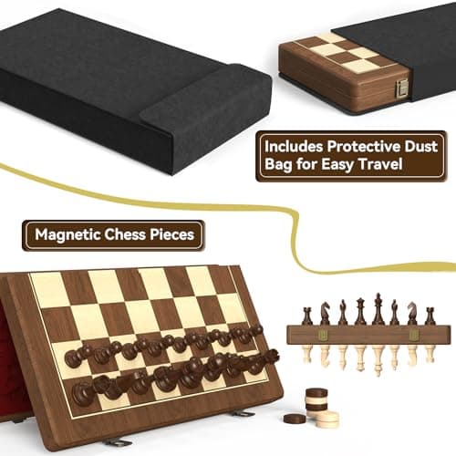 Premium Natural Walnut 15" Magnetic Wooden Folding Chess & Checkers Set- 2 in 1 Board Game with 3" King Staunton Pieces and 2 Extra Queens, Checkers, and Dust-Proof Storage Bag (Red) - Thumbnail 6