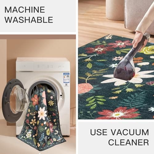 Washable Area Rug, Floral Rug, Large Carpet for Living Room & Bedroom, 9'x 12',Black - Thumbnail 6