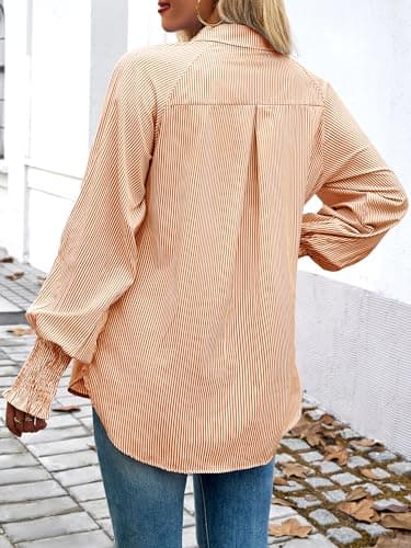Bellcoco Women's Striped Button Down Shirts Smocked Puff Sleeve Boyfriend Blouse Oversized Work Tops with Pocket(Striped Button Down Shirts S) Orange - Thumbnail 5