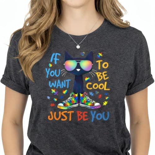 Cute Autism Acceptance Shirt–Just Be You Cat Graphic Tee for Women，Neurodiversity Positive T Shirt Grey - Image 1