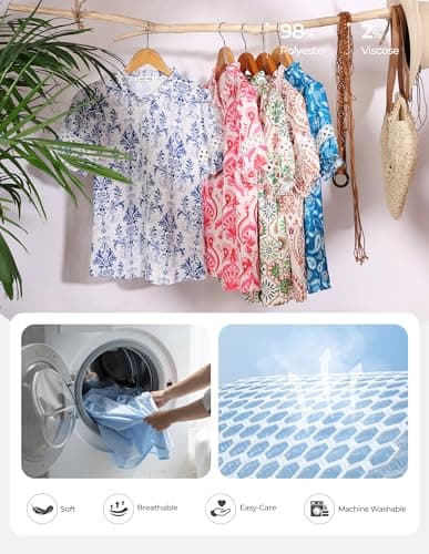 GRACE KARIN Women Boho Floral Tops, Summer Short Eyelet Sleeve Dressy Casual Shirts, Spring Button Down Blouse 2026 Trendy Blue X-Large - Thumbnail 5