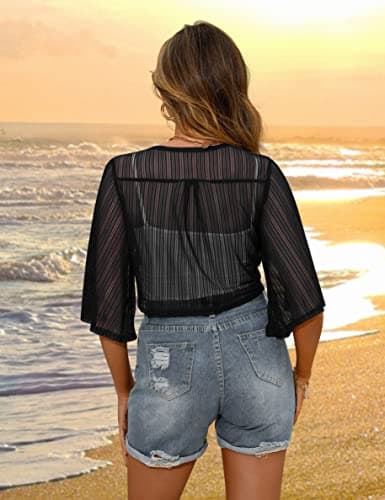 iClosam Women Sheer Shrug Tie Front Short Sleeve Cropped Bolero Shrug Cardigan - Thumbnail 5