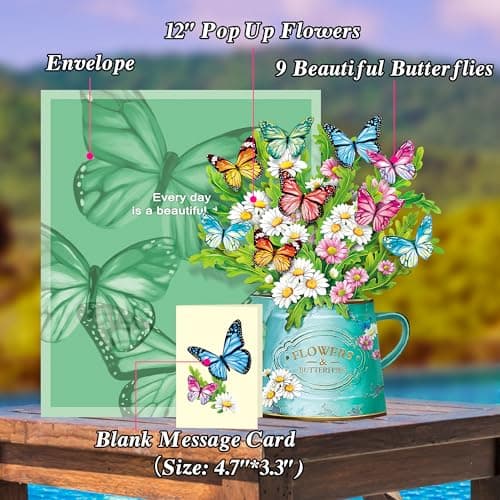 Airpark Pop Up Flower Cards, 3D Paper Flowers Bouquet Mothers Day Card 12’‘ with Blank Note and Envelope, Birthday, Get Well, Anniversary, Greeting Gifts Cards for Women Mom Girls Friends, Daisies and Butterflies - Thumbnail 4