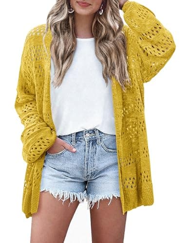 HOTOUCH Lightweight Crochet Cardigan for Women Long Sleeve Open Front Knit Oversized Cardigans Sweaters Yellow - Image 1
