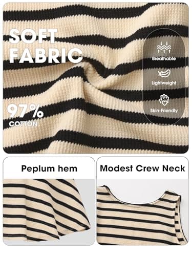 EXLURA Women Summer Tank Tops 97% Cotton Waffle Knit Peplum Top Sleeveless Crewneck Striped Ruffle Hem Business Casual Shirts Apricot Black - Thumbnail 4