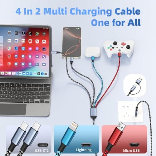 4 in 2 Multi Charging Cable, [Dual Type-C Port][5FT] USB A/C Charging Cables for Multiple Devices with IP/Micro/iPhone 17 Port, Universal USB C Cable Phone Charger Cord for iPhone 16-12, Tablet Pad - Thumbnail 2