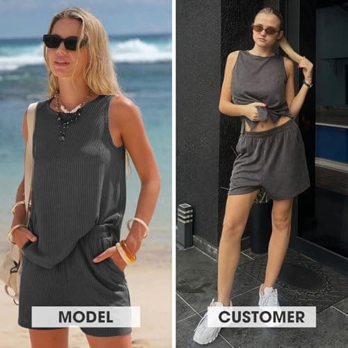 EXLURA Women's Summer 2 Piece Outfits Sleeveless Tank Top Matching Shorts Sets Lounge Sets Beach Vacation Cruise Clothes 2026 - Thumbnail 2