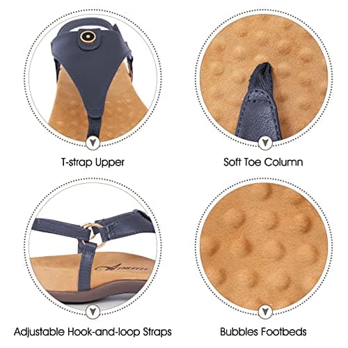 Athlefit Women's Comfortable Orthopedic Sandals Thong Dressy T-Strap Orthotic Casual Summer Arch Support Navy Sandals size 6 - Thumbnail 5