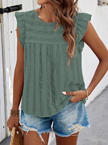 PRETTYGARDEN Women's Summer Cute Tank Top Crewneck Ruffle Sleeveless Hollow Out Eyelet Lace Spring Blouse Shirts(Cyan,Medium) - Thumbnail 5