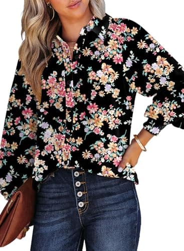 Dokotoo Womens Long Sleeve Tops for Women Work Business Button Down Ladies Blouses and Tops Loose Fit Dressy Allover Floral Print V Neck Office Boho Tunic Top 2026 Trendy Fall Outfits Black Large - Image 1