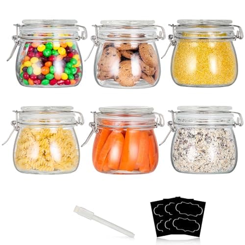 YEBODA 16oz Food Storage Canister Glass Jars with Clamp Airtight Lids and Silicone Gaskets for Multi-Purpose Kitchen Containers - Clear Round (6 Pack)