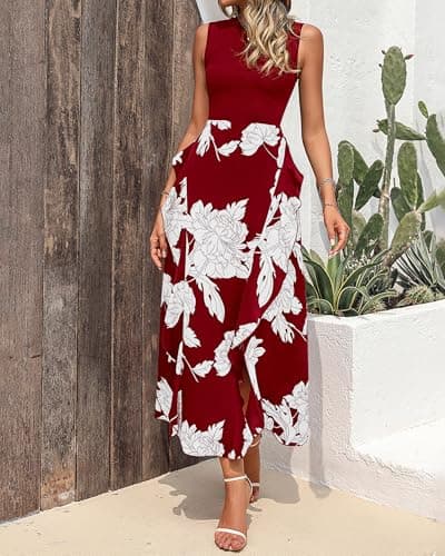 BTFBM Women Casual Sleeveless Summer Dresses 2026 Spring Crewneck Patchwork Boho Floral Ruffle Cocktail Party Midi Dress(Big Floral White Wine Red, Large) - Thumbnail 6