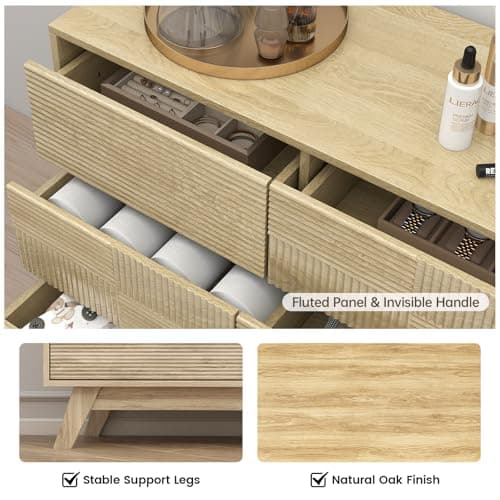 Hadulcet Wooden Dresser for Bedroom, Mid Century Modern 55” Wide Fluted 9 Drawers Dresser Storage Clothes for Closet Organizer, Handleless Design, Push to Open, Natural Oak - Thumbnail 4