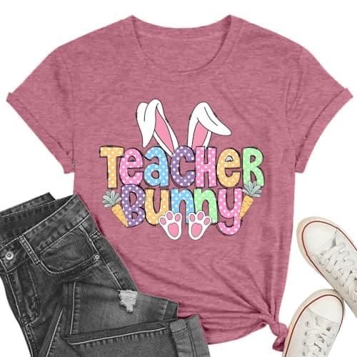 Easter Shirts for Women Happy Teacher Bunny Print Tshirt Funny Rabbit Carrot Graphic Tee Top Pink - Image 1