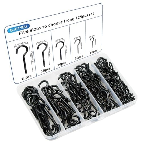 BJUTYEU 125 Pieces of Screw Cup Hook Set 5 Sizes Ceiling Small Hooks Wardrobe Decoration Hanging Accessories for Hanging Outdoor or Indoor use (0.98" 1.41" 1.57" 1.96" 2.36") (Black) - Image 1