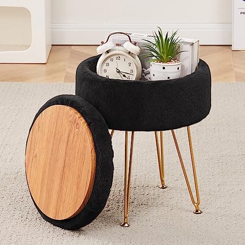Cplxroc Footrest Footstools Round Faux Fur Ottoman with Storage Space Soft Vanity Chair Seat Coffee Table Ottoman Small Side Table Metal Legs with Adjustable Footings (Black) - Image 1