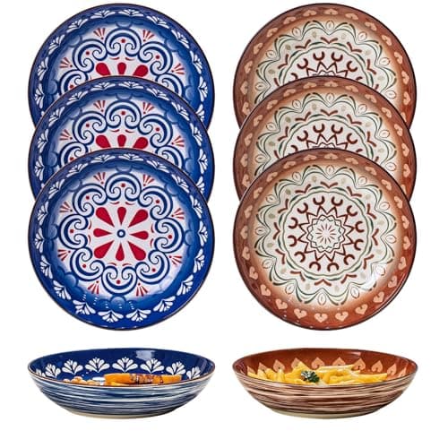 Yeacccng Pasta Bowls Set of 6, 35 Oz Ceramic Large Salad Bowl, 8.5 Inch Colorful Serving Bowls for Kitchen, Dishwasher & Microwave Safe, Scratch-Resistant, Lead-Free (Brown*3 + Blue*3) - Image 1