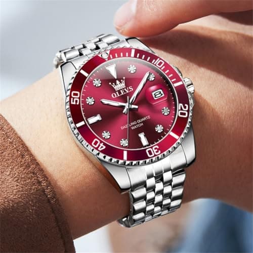 OLEVS Watch Men Luxury Dress Stainless Steel Red Face Wrist Watches for Men Analog Quartz Waterproof Fancy Fashion Diamond Mens Watch Relojes para Hombres - Thumbnail 2