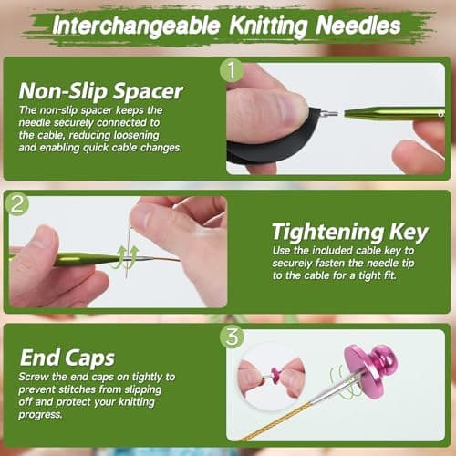 TRILVIX Knitting Needles Set, 13 Pairs Aluminum Interchangeable Circular Knitting Needles Set 4 Inch with 4 Cables, Accessories and Storage Bag for Multiple Knitting Projects Green - Thumbnail 4