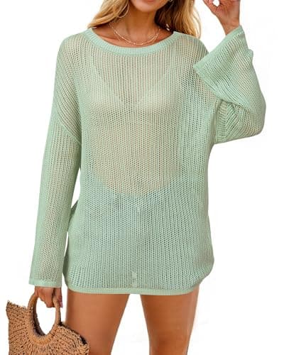 Arach&Cloz 2025 Women's Lyocell Linen Summer Fall Lightweight Oversized Swimsuit Cover Up Off Shoulder Crochet Tops Long Sleeve Boat Neck Shirts Loose Beach Vacation Outfits Casual Cute Green L - Image 1