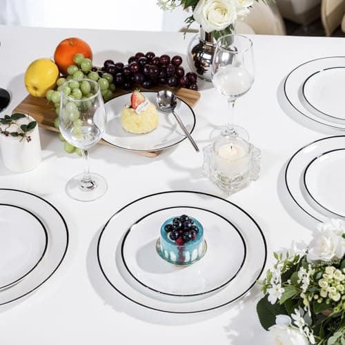 LIYH 60 Pcs White Plastic Disposable Plates for Party With Black Rim - White and Black Plates Includes 30 Dinner 10.25" & 30 Appetizer/Dessert Plate 7.5" for Wedding Party Birthday - Thumbnail 3