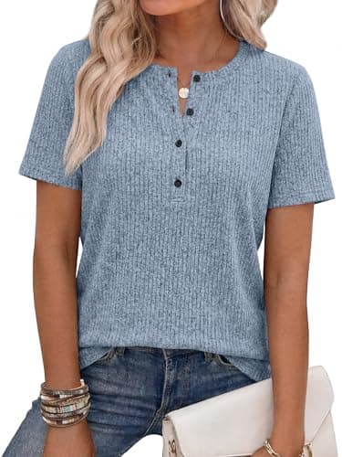 ANRABESS Womens Tops Short Sleeve Henley Shirts Dressy Casual Blouse Summer Cute Tshirt 2026 Spring Lightweight Tunic Sweater Light Blue Large - Image 1