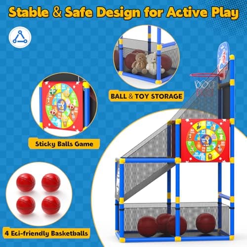 EagleStone 2-in-1 Kids Arcade Basketball Hoop with Dart Board,4 Balls Adjustable Height Basketball Toy Indoor Outdoor Carnival Games Gift for Boys Girls Toddlers Ages 3-6 Years Old,Pump Included - Thumbnail 4