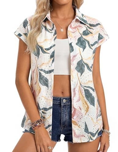 GRACE KARIN Floral Eyelet Spring Summer Tops for Women,2026 V Neck Dressy Casual Shirts,Boho Button Down Short Sleeve Blouses Dark Green XL - Image 1