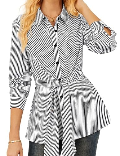 GRACE KARIN Peplum Tops for Women Tie Front Striped Button Down Shirt Collared Long Sleeve Business Casual Work Office Blouse White - Image 1