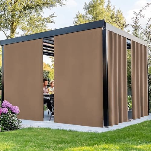 NICETOWN Outdoor Curtains Fade Resistant 2 Panles, Waterproof Patio Curtains with Peel/Stick Top & Back Tab Bottom with Free Rope, Windproof Sun Shades for Gazebo/Lanai, W66 x L84 in, Tan, 2 Panels - Image 1