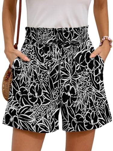 Moodclo Summer Casual Shorts White Flower Black 2X-Large with Pockets Loose Fitting 2025 Clothes High Waisted Wide Leg Drawstring Beach Vacation Trendy Outfits - Image 1