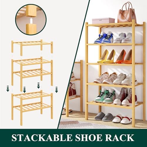 Smiry Shoe Rack, 4 Tier Small Bamboo Shoe Organizer, Stackable Free Standing Wooden Shoe Storage Shelf for Closet, Entryway, Front Door Entrance, Natural - Thumbnail 4