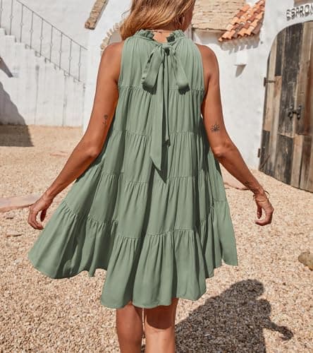 Okiwam Womens Summer Halter Dresses Sleeveless A Line Tiered Swing Mini 2025 Fall Casual Boho Beach Vacation Sundress-M Army Green - Thumbnail 3