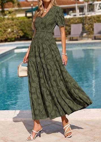 KIRUNDO Womens Boho Maxi Dress Summer Short Sleeve V Neck Floral Flowy A Line Formal Wedding Guest Baby Shower Long Dresses(Army Green, Large) - Thumbnail 3