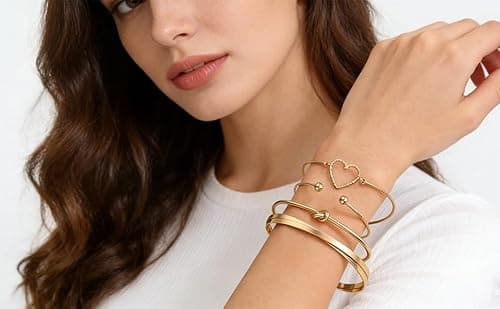 Alegend Bracelets Sets 14K Gold Plated Chic Stackable Bold Bangle Heart-Shaped Unique Four-Layered Design - Thumbnail 4