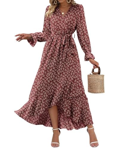 BTFBM Womens Dresses Spring Clothes 2026 V Neck Floral High Waist Ruffle Wedding Guest Cocktail Boho Long Sleeve Dress(Floral Wine Red White, X-Large) - Image 1