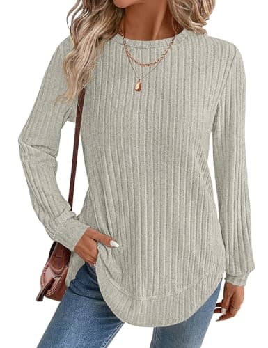 JUSTFASHIONNOW Tunic Tops for Women Loose Fit Dressy Long Sleeve Shirts Crew Neck Pullover Sweaters for Women 2025 Casual Cozy Blouses (Apricot, X-Large) - Image 1