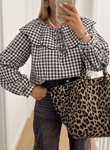 Astylish Womens Cute Peter Pan Bow Tie Blouse Top Casual V Neck Fashion Ruffle Long Sleeve Elegant Gingham Plaid Work Blouses 2026 Spring Shirts Coffee XX-Large - Thumbnail 2